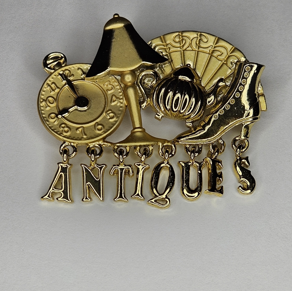 Vintage Signed AJC 1990s Gold Tone Antiques Pin Brooch
